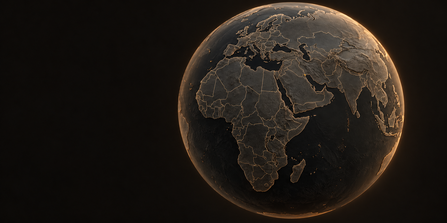 Charcoal globe with warm copper land outlines, facing Africa and the Middle East