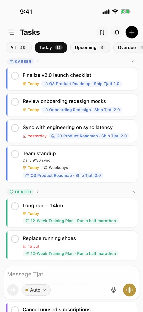 Tjati mobile Tasks screen with projects, daily tasks, and the AI composer